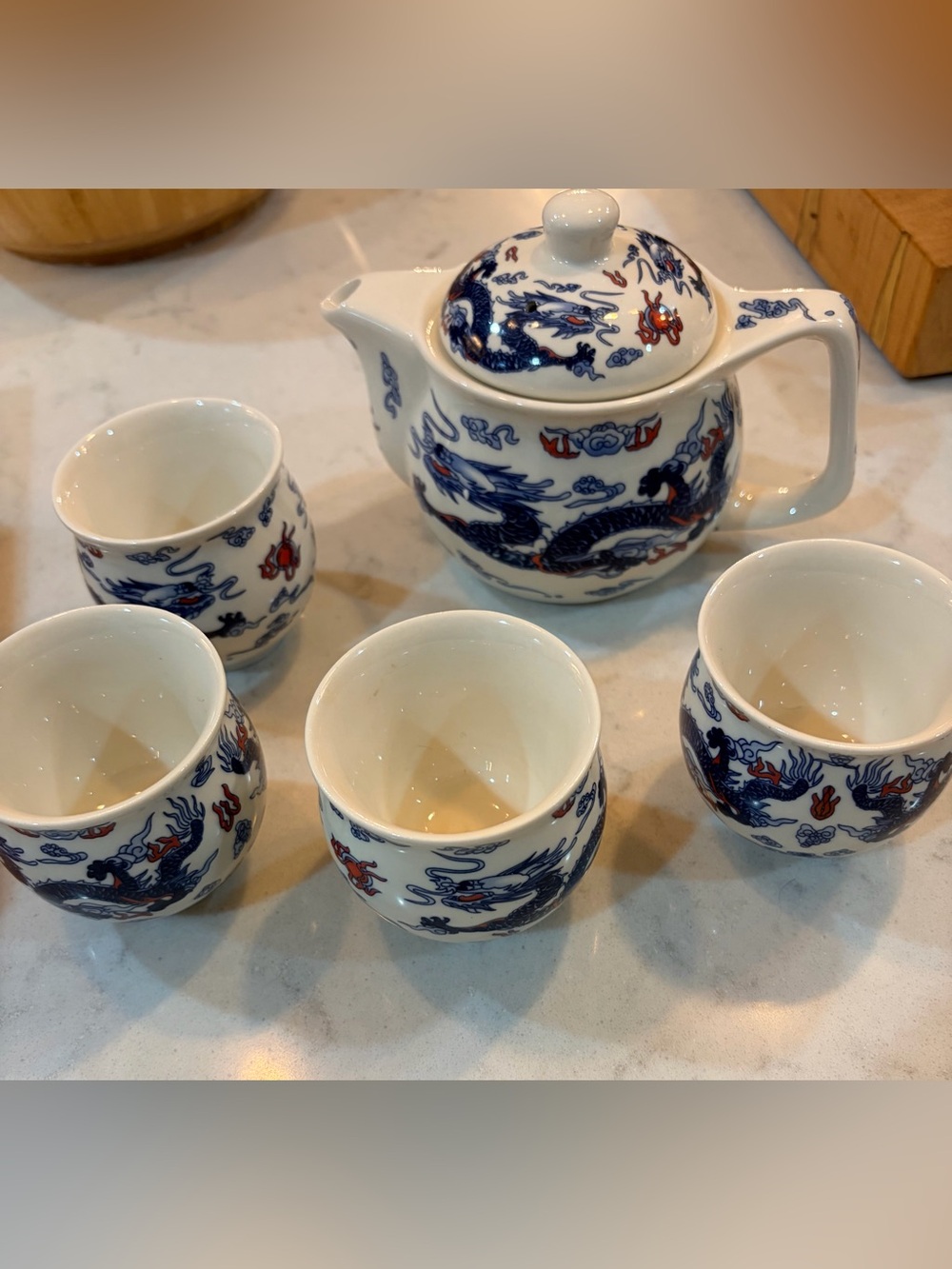 Blue & White Dragon Porcelain Tea Set 4 cups teapot boxed